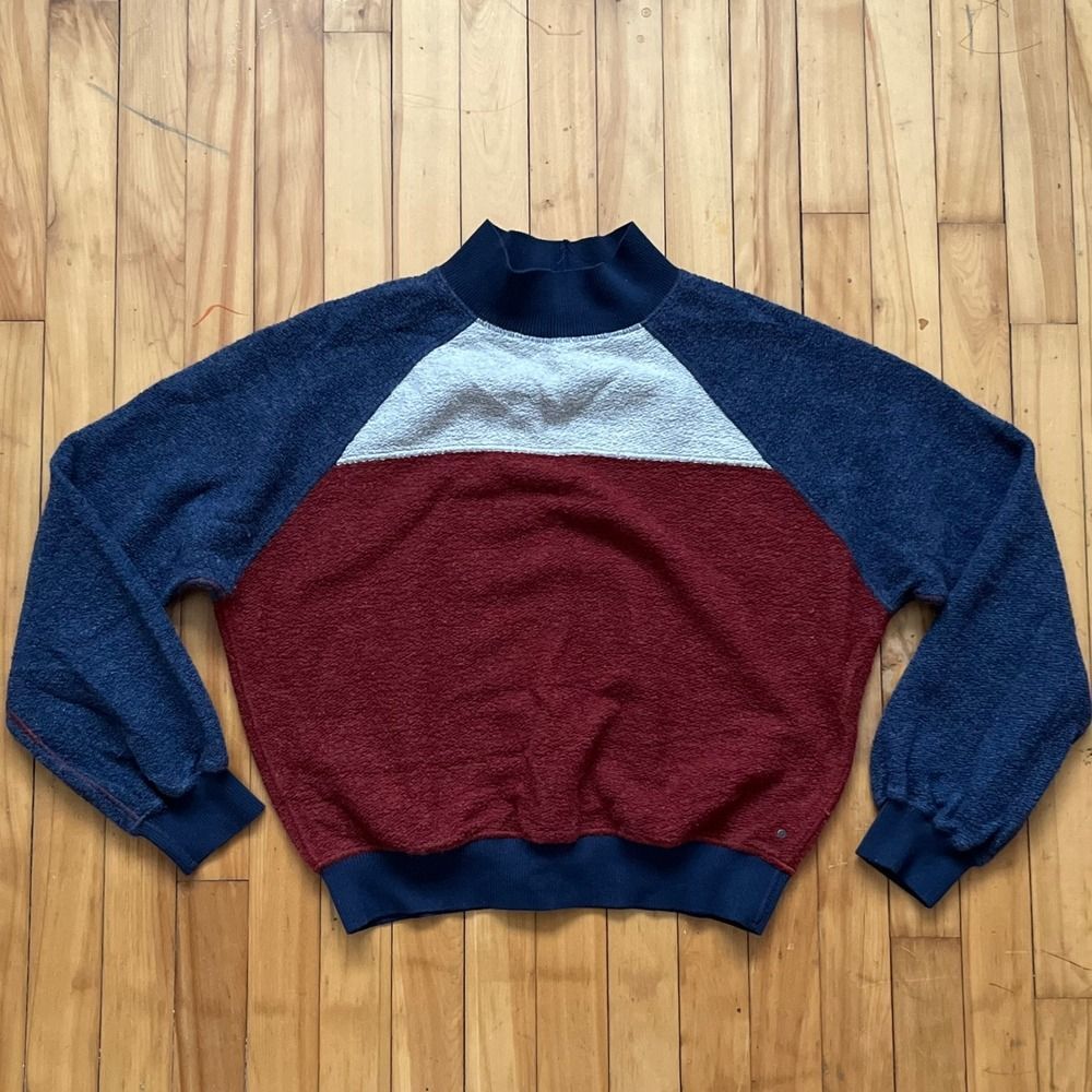 Prana Mock Neck Color Block Fleece Pullover Sweatshirt Womens L Navy Red Gray
